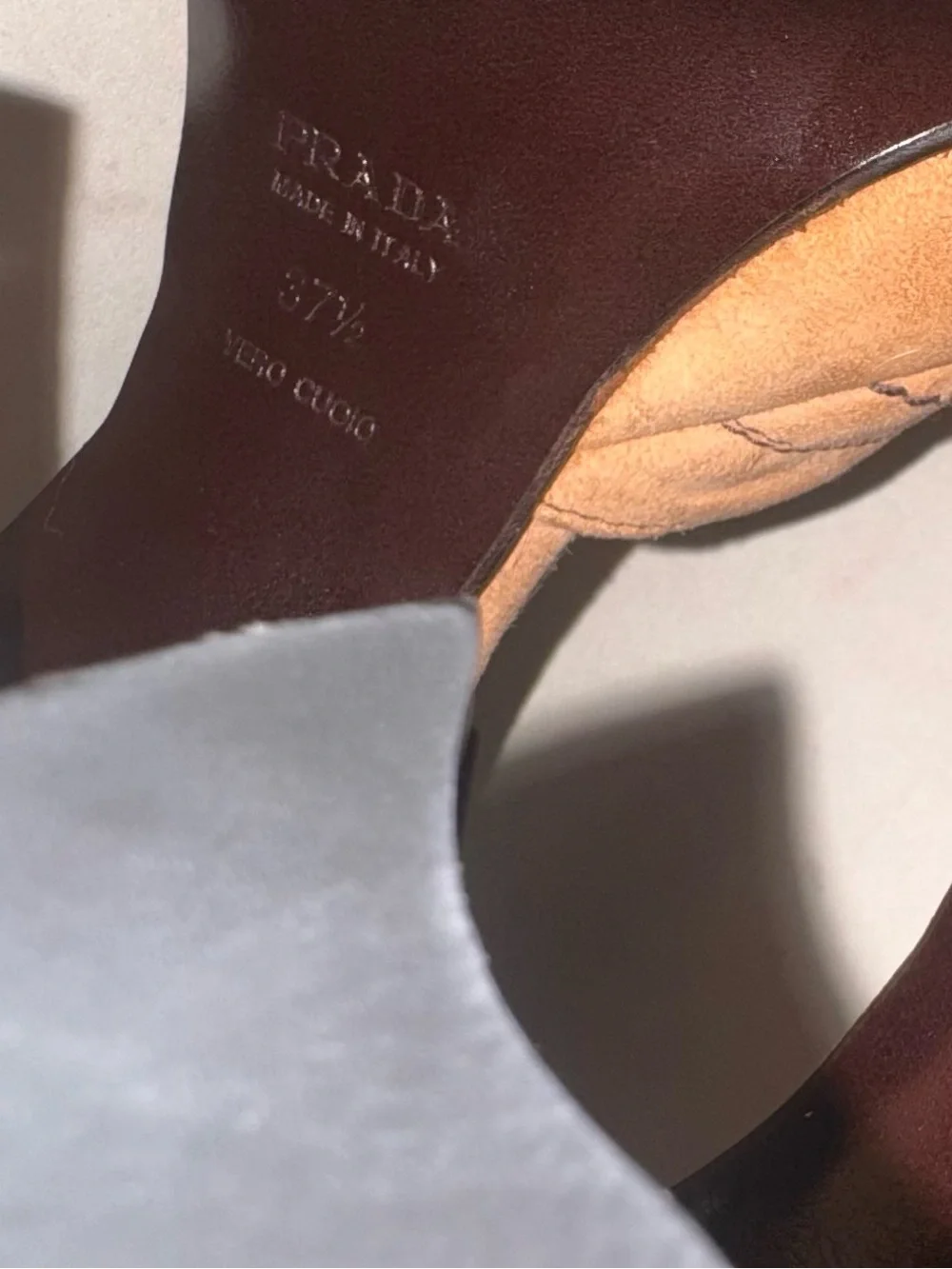 🆕 DS Prada Nude Suede Heels brown stitching peep toe size  37.5 Italy